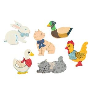 VTG RUSS Folk Art Painted 90s Wooden Fridge Animal Magnets CottageCore Lot‎ B16